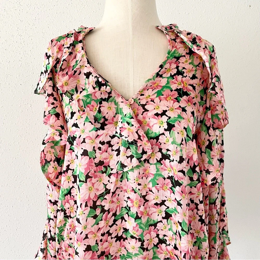 ZARA Women's Size Medium Pink Floral Long Sleeve V-Neck Ruffle Loose Blouse Top - Picture 4 of 11